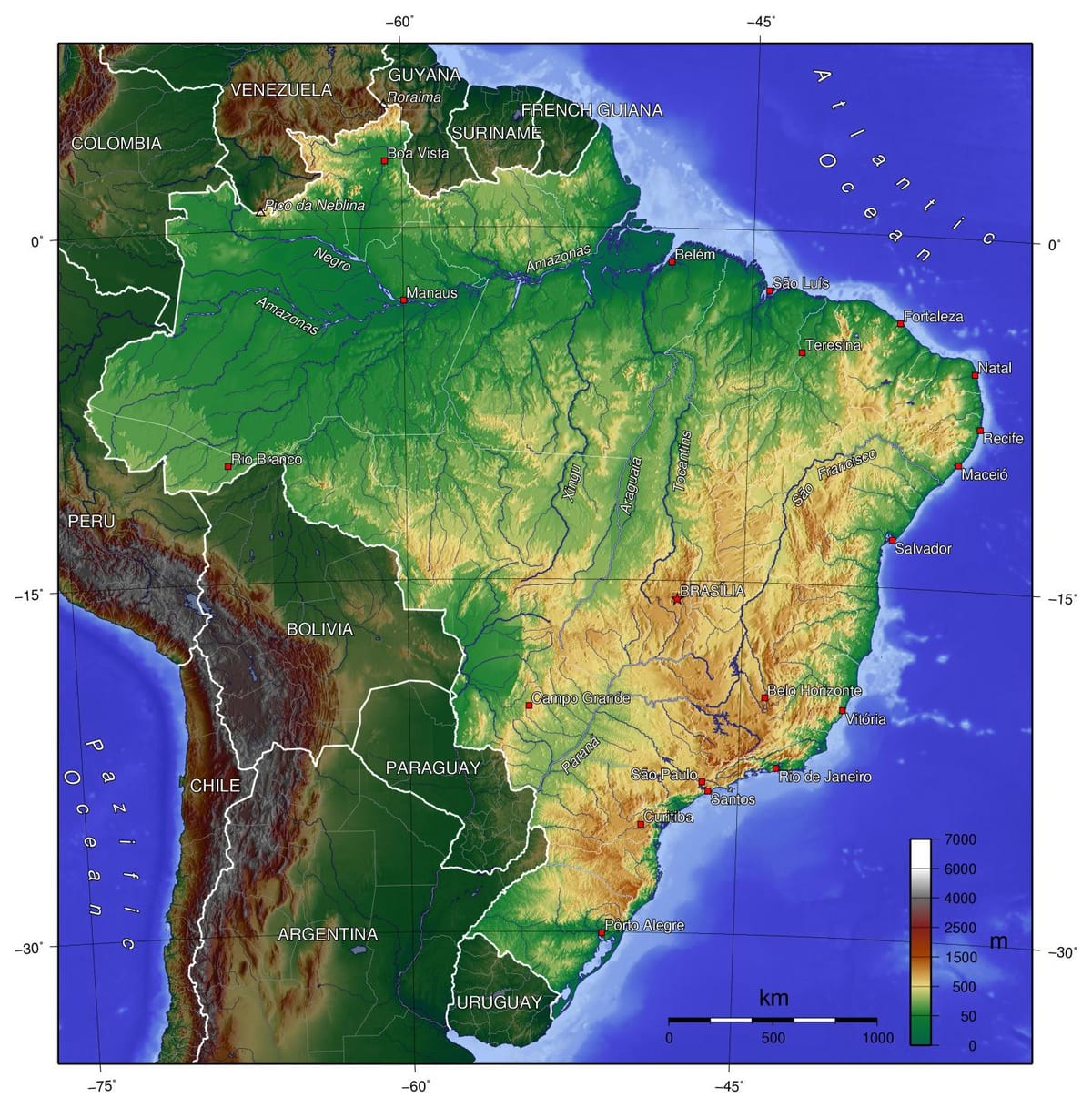 mapa de elevação do Brasil